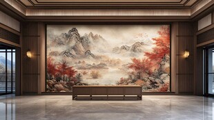 中式大厅山水壁画装饰