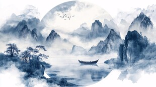 水墨山水间的孤舟诗意