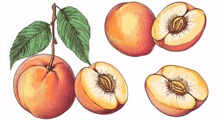 手绘桃子果实及切面展示