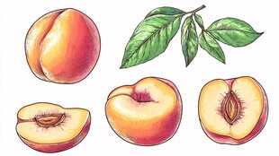 手绘桃子及桃叶插画素材