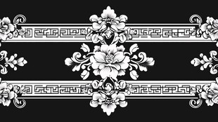 中式黑白花卉几何边框图案