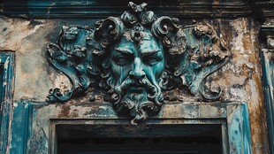 古旧门楣上的精美青铜面具