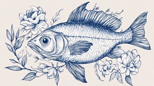 蓝纹鱼饰 花卉相伴