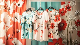 三件印花美裙挂于花墙前