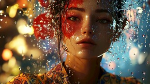 梦幻雨中花饰少女肖像