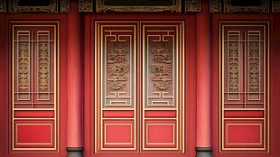 中式红墙雕花门窗