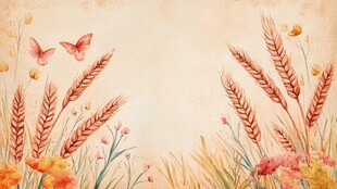 田园花卉麦穗蝴蝶水彩画