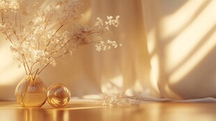 阳光下的玻璃花瓶与干花