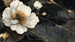 白瓷花卉于黑金大理石上