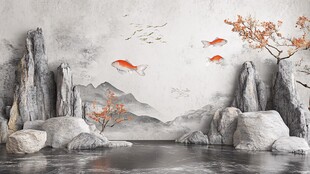 中式水墨风山水锦鲤景观