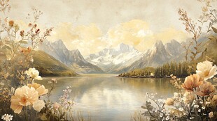 湖畔繁花伴远山美景