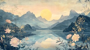 湖畔日落繁花山水美景