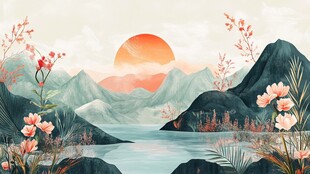 夕阳下的山水花卉美景