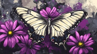蝴蝶伴紫花的梦幻插画