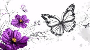紫色花卉与蝴蝶梦幻插画