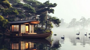 湖畔孤舟小屋 静谧晨景