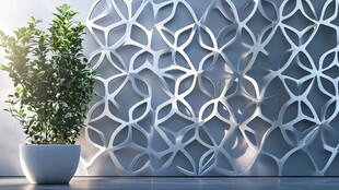 几何镂空墙搭配绿植摆件