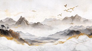 水墨山水间飞鸟翱翔图景