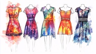 水彩风多彩连衣裙设计图