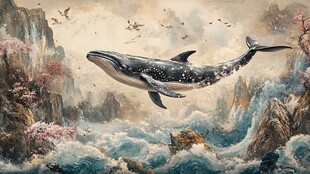 梦幻山海间的遨游蓝鲸