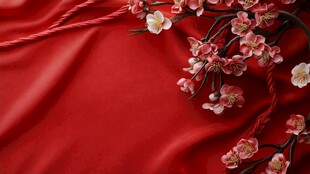 红绸上的烂漫粉色花枝