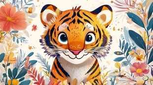 可爱萌虎置身缤纷花卉间