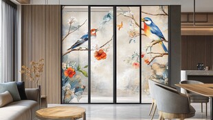 中式花鸟玻璃门装饰设计
