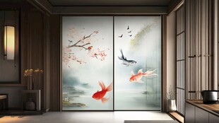 中式屏风上的灵动金鱼图
