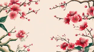 中式手绘盛开的娇艳红梅