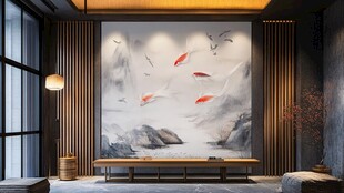 中式客厅 水墨锦鲤壁画装饰