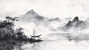 水墨山水间的孤舟野景