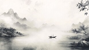 水墨山水孤舟图