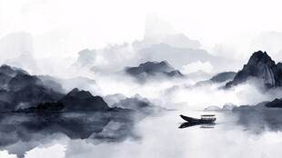 水墨山水间孤舟泛江景