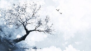 水墨孤树飞鸟写意风景