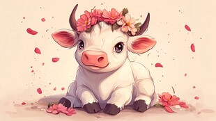 花饰萌牛 浪漫春日氛围