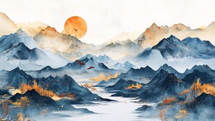 水墨山水间的落日美景