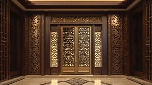 中式奢华雕花大门室内场景