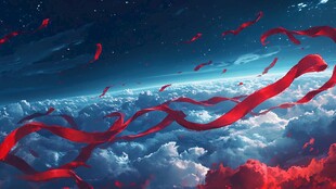 云端飘飞的梦幻红色绸带