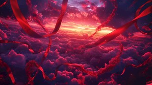 梦幻红霞飘带云海美景