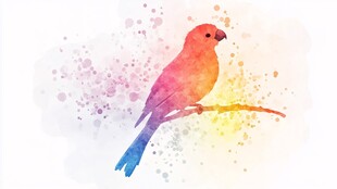 水彩绘多彩小鸟栖枝头