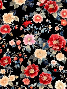 中式繁花黑底花卉图案