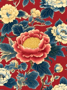 中式红底牡丹花卉图案