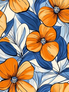 橙蓝花卉图案无缝背景