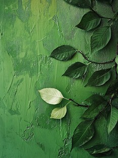 绿叶置于绿色纹理背景上