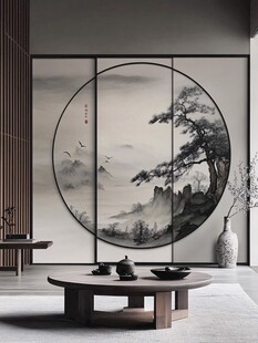 中式禅意茶室山水屏风景