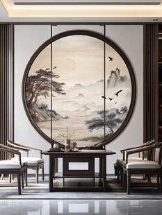 中式客厅的山水圆形壁画