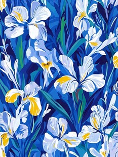 蓝底鸢尾花绚丽花卉图案