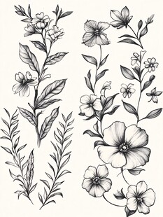 手绘花卉植物线条插画