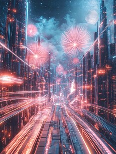 未来都市夜景与绚烂烟花