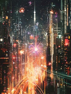 未来都市烟花绚烂夜景